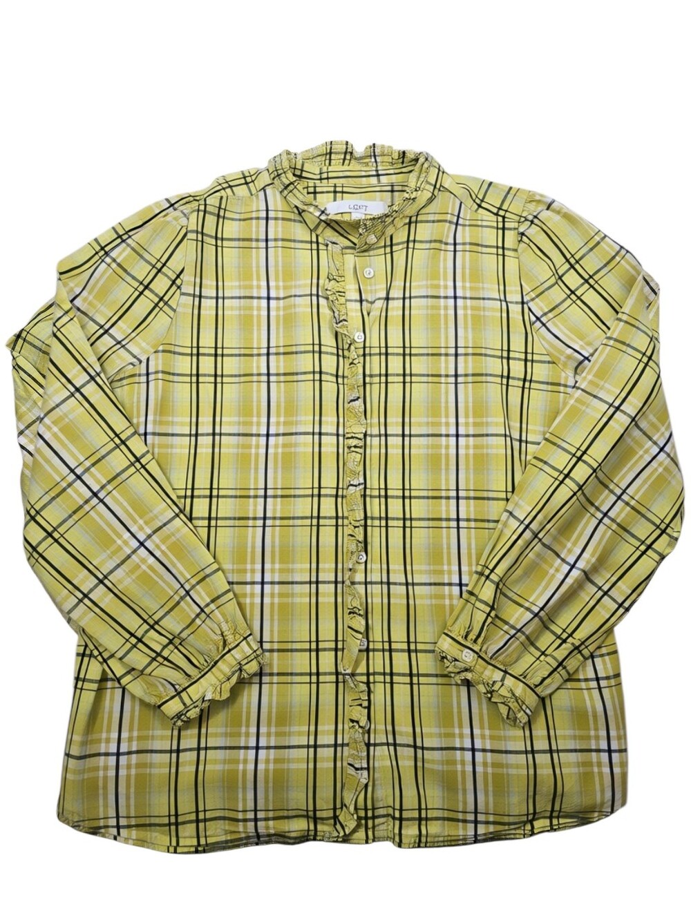 LOFT Windowpane Plaid Ruffled Button Down Shirt In L
